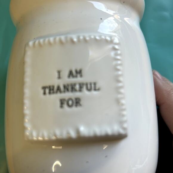 Mudpie Jar "I Am thankful for" with cork lid 5 x 3.5" white NWT - Picture 2 of 7
